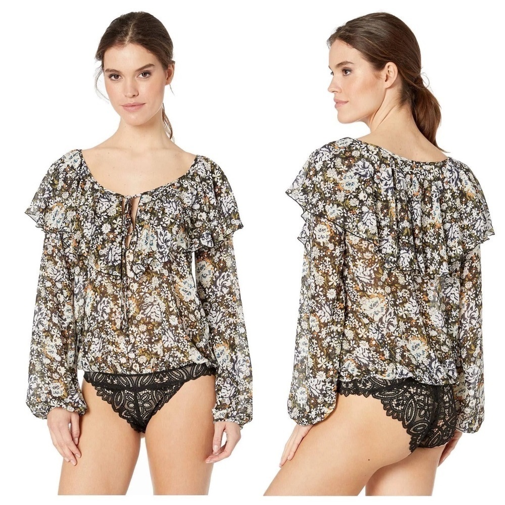 Free People Intimately Black Floral Say It To Me Ruffle Flowy Bodysuit Large
